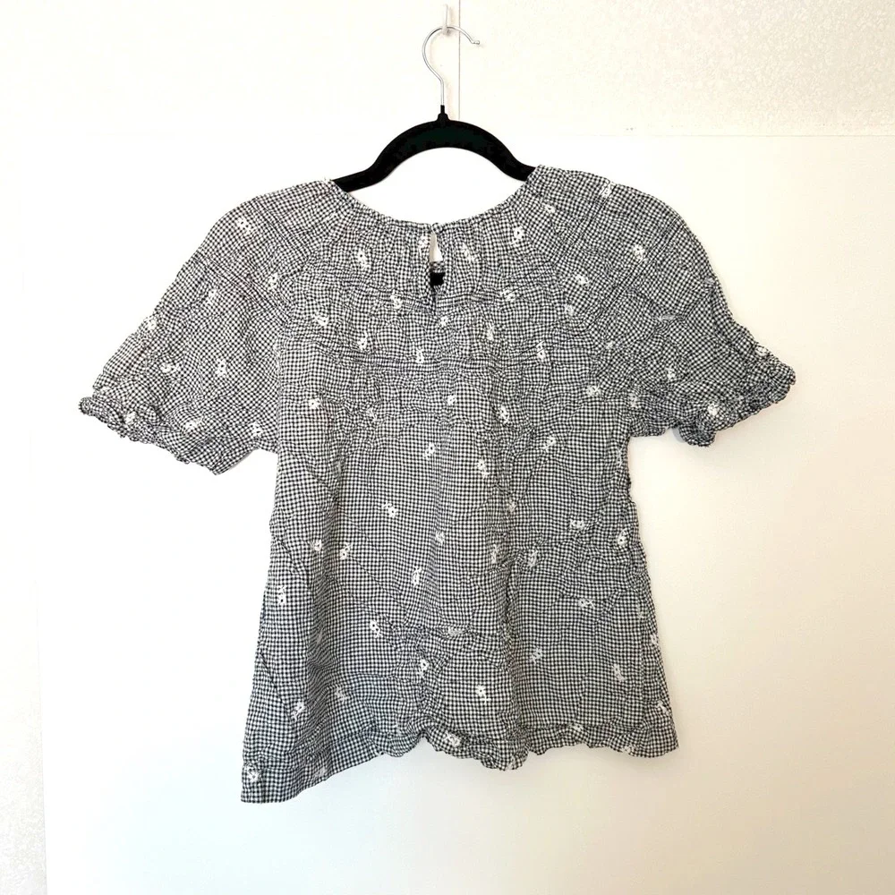Madewell Medium black white floral gingham peasant shirred puff sleeve blouse